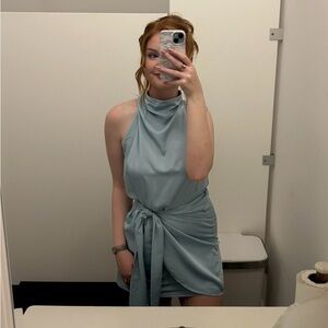 Halter Tie-Waist Mini Dress in Pale Blue